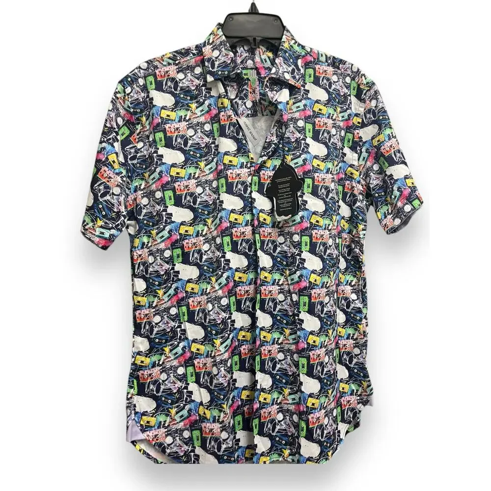 LUCHIANO VISCONTI BLACK Retro 80s Cassette Short Sleeve Shirt | Mens S Multi NWT